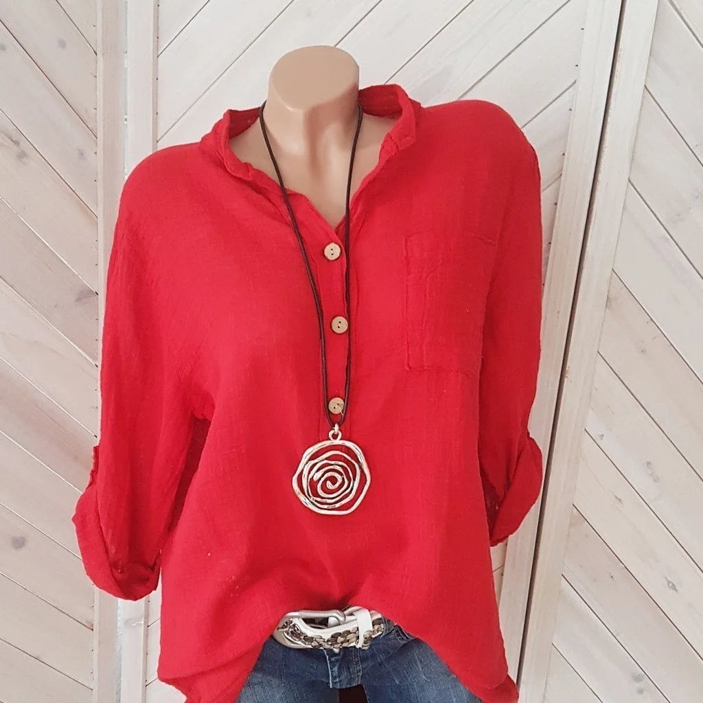 Übergroße Damenblusen aus Baumwolle und Leinen, Herbstblusen, lässige Langarmbluse mit Knöpfen, V-Ausschnitt, lockeres Hemd, Damenoberteile, Plus-Size S-5XL