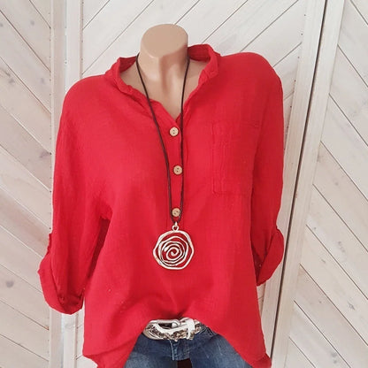 Übergroße Damenblusen aus Baumwolle und Leinen, Herbstblusen, lässige Langarmbluse mit Knöpfen, V-Ausschnitt, lockeres Hemd, Damenoberteile, Plus-Size S-5XL