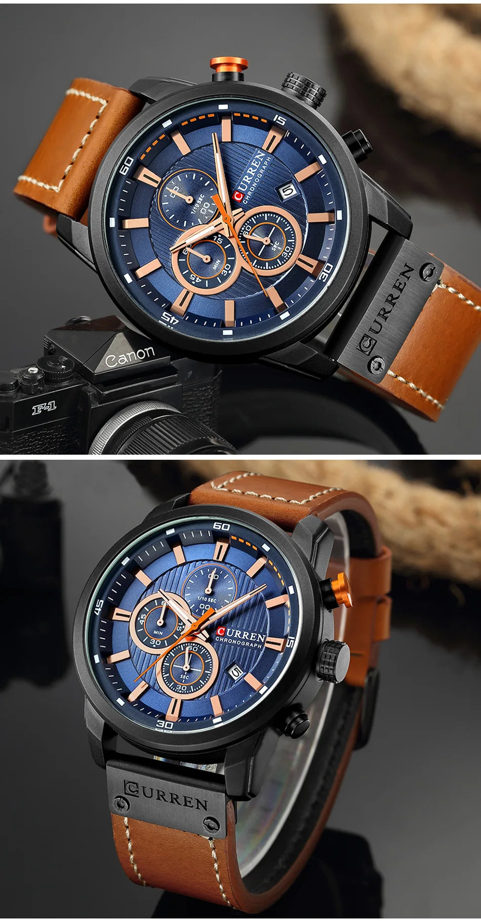 CURREN Uhren für Herren Leder-Sportuhren Herren Army Military Quarz-Armbanduhr Chronograph Männliche Uhr Relogio Masculino