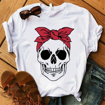 Mode Leoparden-Schädel bedrucktes Damen-T-Shirt Sommer Lässiges Frauen-T-Shirt Freizeit Rundhals Harajuku Tops Damenkleidung