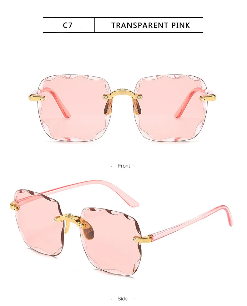 Quadratische randlose Sonnenbrille für Damen, Luxusmarken-Designer, Sommer, rote Gläser, modische Sonnenbrille für Herren, UV400-Schutz, Shades Oculos