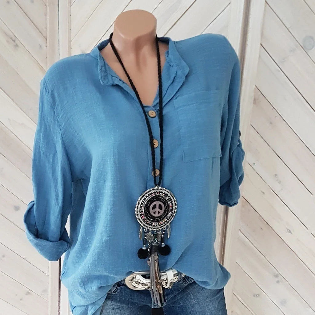 Übergroße Damenblusen aus Baumwolle und Leinen, Herbstblusen, lässige Langarmbluse mit Knöpfen, V-Ausschnitt, lockeres Hemd, Damenoberteile, Plus-Size S-5XL