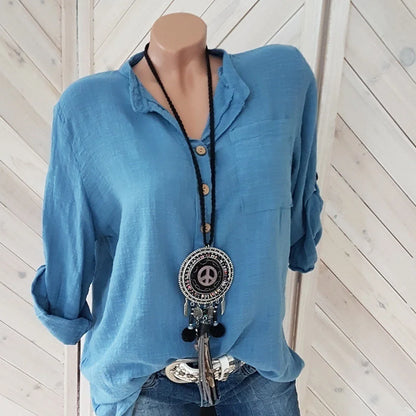 Übergroße Damenblusen aus Baumwolle und Leinen, Herbstblusen, lässige Langarmbluse mit Knöpfen, V-Ausschnitt, lockeres Hemd, Damenoberteile, Plus-Size S-5XL
