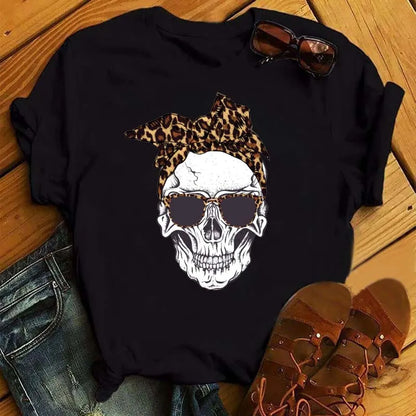 Mode Leoparden-Schädel bedrucktes Damen-T-Shirt Sommer Lässiges Frauen-T-Shirt Freizeit Rundhals Harajuku Tops Damenkleidung
