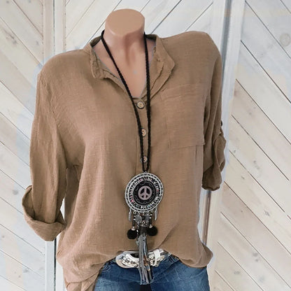 Übergroße Damenblusen aus Baumwolle und Leinen, Herbstblusen, lässige Langarmbluse mit Knöpfen, V-Ausschnitt, lockeres Hemd, Damenoberteile, Plus-Size S-5XL