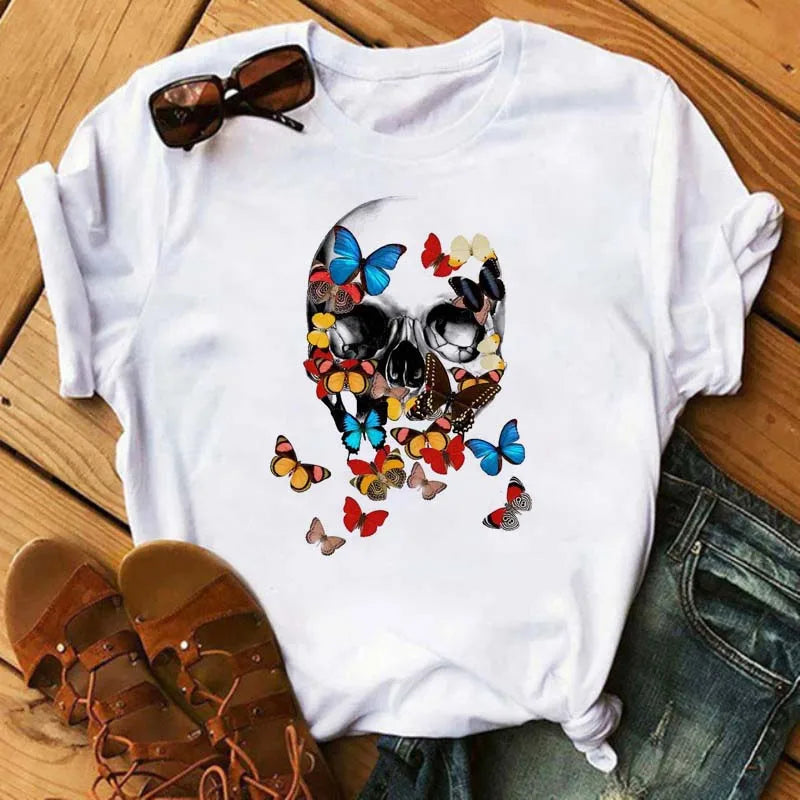 Mode Leoparden-Schädel bedrucktes Damen-T-Shirt Sommer Lässiges Frauen-T-Shirt Freizeit Rundhals Harajuku Tops Damenkleidung