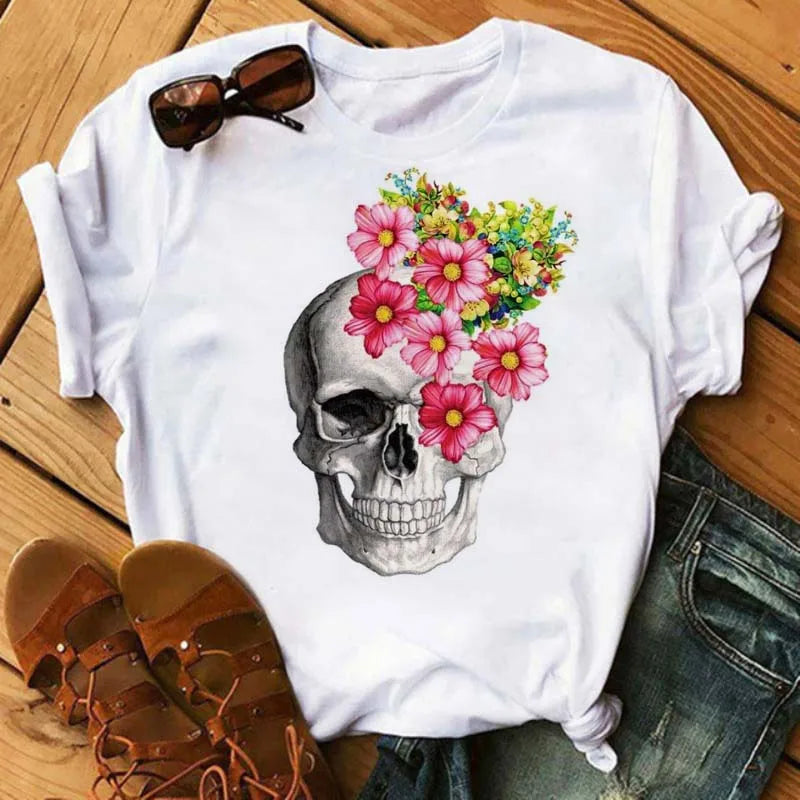 Mode Leoparden-Schädel bedrucktes Damen-T-Shirt Sommer Lässiges Frauen-T-Shirt Freizeit Rundhals Harajuku Tops Damenkleidung