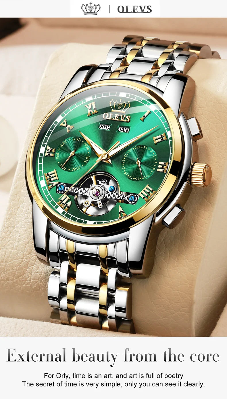 OLEVS Herren Uhren Automatische Mechanische Business Armbanduhr Wasserdicht Edelstahlarmband Uhr für Männer Skelett Kalender