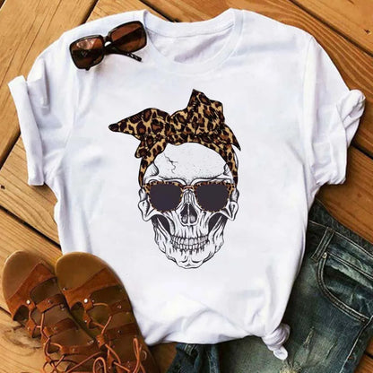 Mode Leoparden-Schädel bedrucktes Damen-T-Shirt Sommer Lässiges Frauen-T-Shirt Freizeit Rundhals Harajuku Tops Damenkleidung
