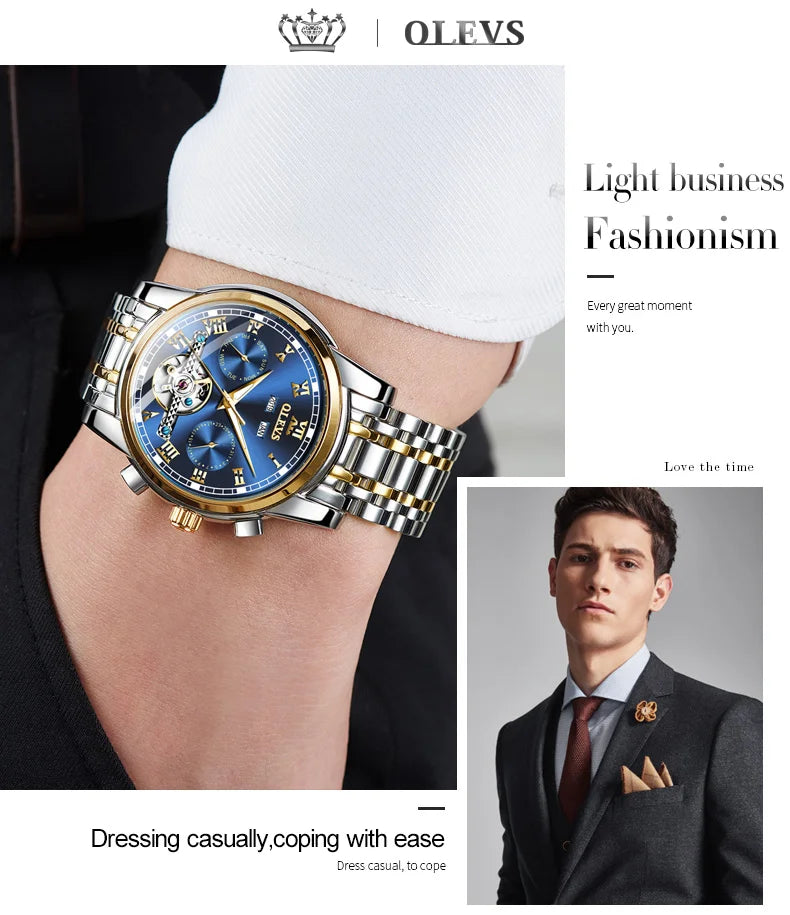 OLEVS Herren Uhren Automatische Mechanische Business Armbanduhr Wasserdicht Edelstahlarmband Uhr für Männer Skelett Kalender