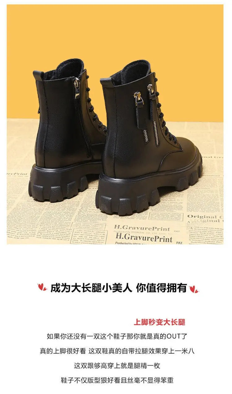 Stiefeletten 2025 Neuer koreanischer Stil mit Fleece gefüttert, Herbst-Winter High-Top Baumwollschuhe, Damenstiefel mit hohem Absatz, mittelhohe Stiefel