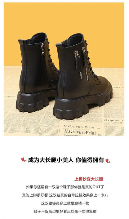 Stiefeletten 2025 Neuer koreanischer Stil mit Fleece gefüttert, Herbst-Winter High-Top Baumwollschuhe, Damenstiefel mit hohem Absatz, mittelhohe Stiefel