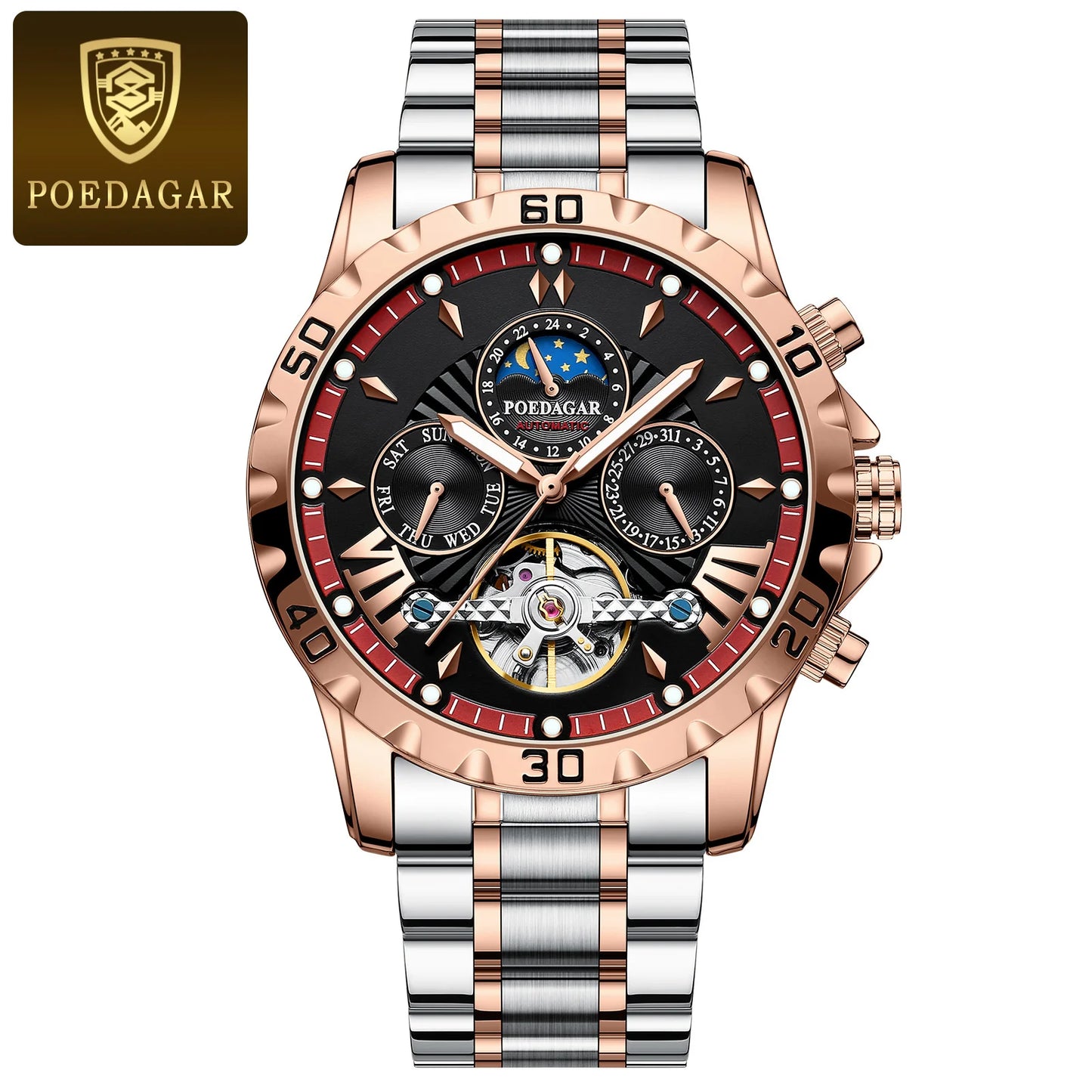 POEDAGAR Luxus Automatische Mechanische Herren Uhr Hohler Tourbillon Wasserdicht Leuchtend Männliche Uhr Woche Datum Geschäftsmänner Uhren