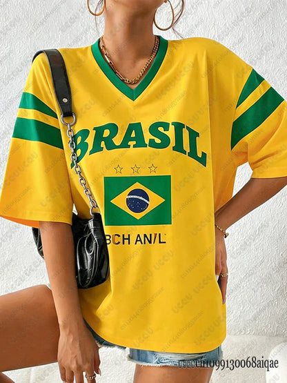 Sommer Neues Brasilien T-Shirt für Frauen Patchwork V-Ausschnitt Kurzarm T-Shirts  Übergröße Y2K Street Tops