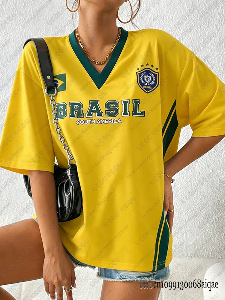 Sommer Neues Brasilien T-Shirt für Frauen Patchwork V-Ausschnitt Kurzarm T-Shirts  Übergröße Y2K Street Tops