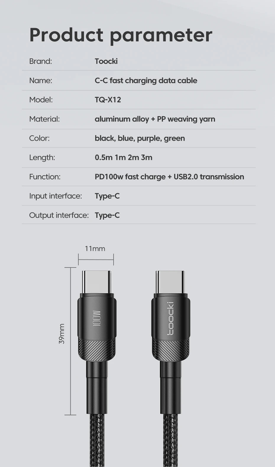 Toocki 100W Typ C zu USB C Kabel PD 3.0 Schnellladung 4.0 Fast Charging Typ C zu Typ C für iPhone 15 MacBook Samsung Xiaomi