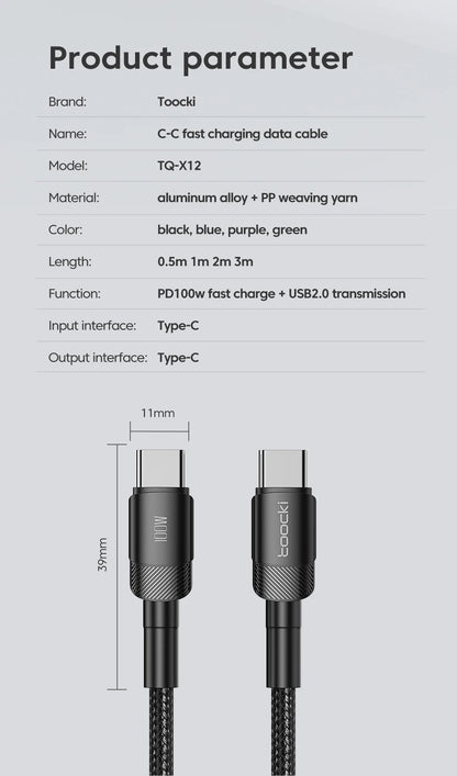 Toocki 100W Typ C zu USB C Kabel PD 3.0 Schnellladung 4.0 Fast Charging Typ C zu Typ C für iPhone 15 MacBook Samsung Xiaomi