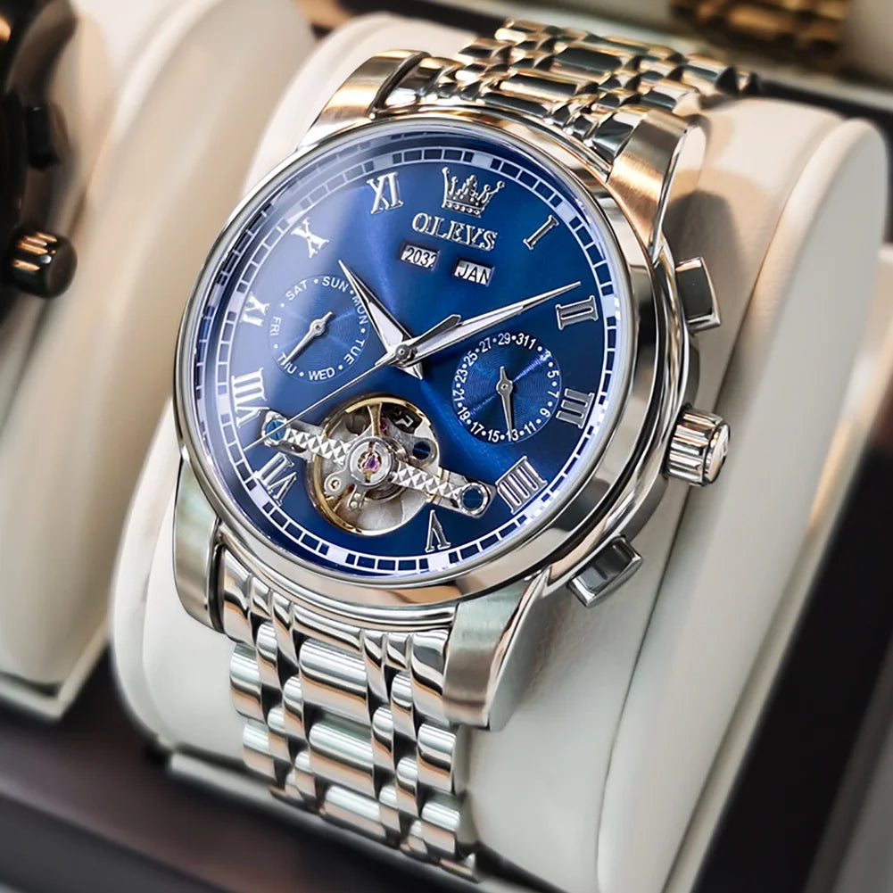 OLEVS Herren Uhren Automatische Mechanische Business Armbanduhr Wasserdicht Edelstahlarmband Uhr für Männer Skelett Kalender