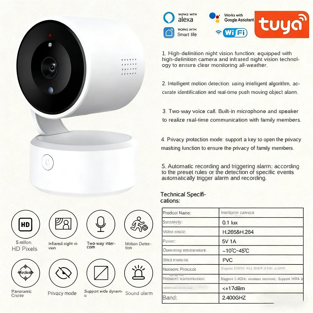 WIFI Tuya Kamera Innenbereich 5MP Baby Monitor Gegensprechfunktion 4X Zoom PTZ 360° Überwachungskameras Unterstützt Alexa Google Smart Life