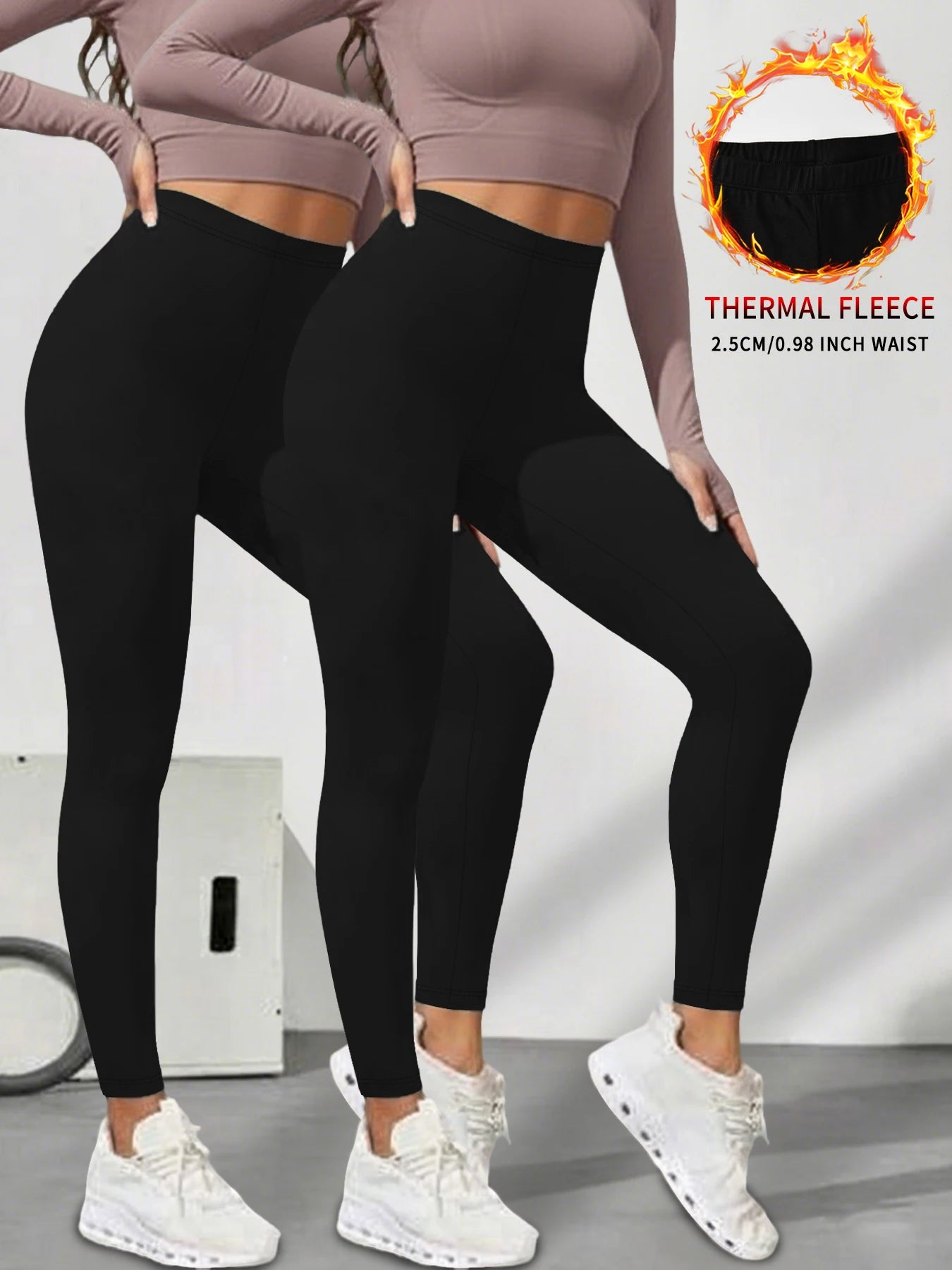 2er-Pack Damen-Leggings mit niedrigem Bund aus Fleece und Thermotechnologie. Für Winterlauf und Yoga konzipiert, hält während des Trainings warm