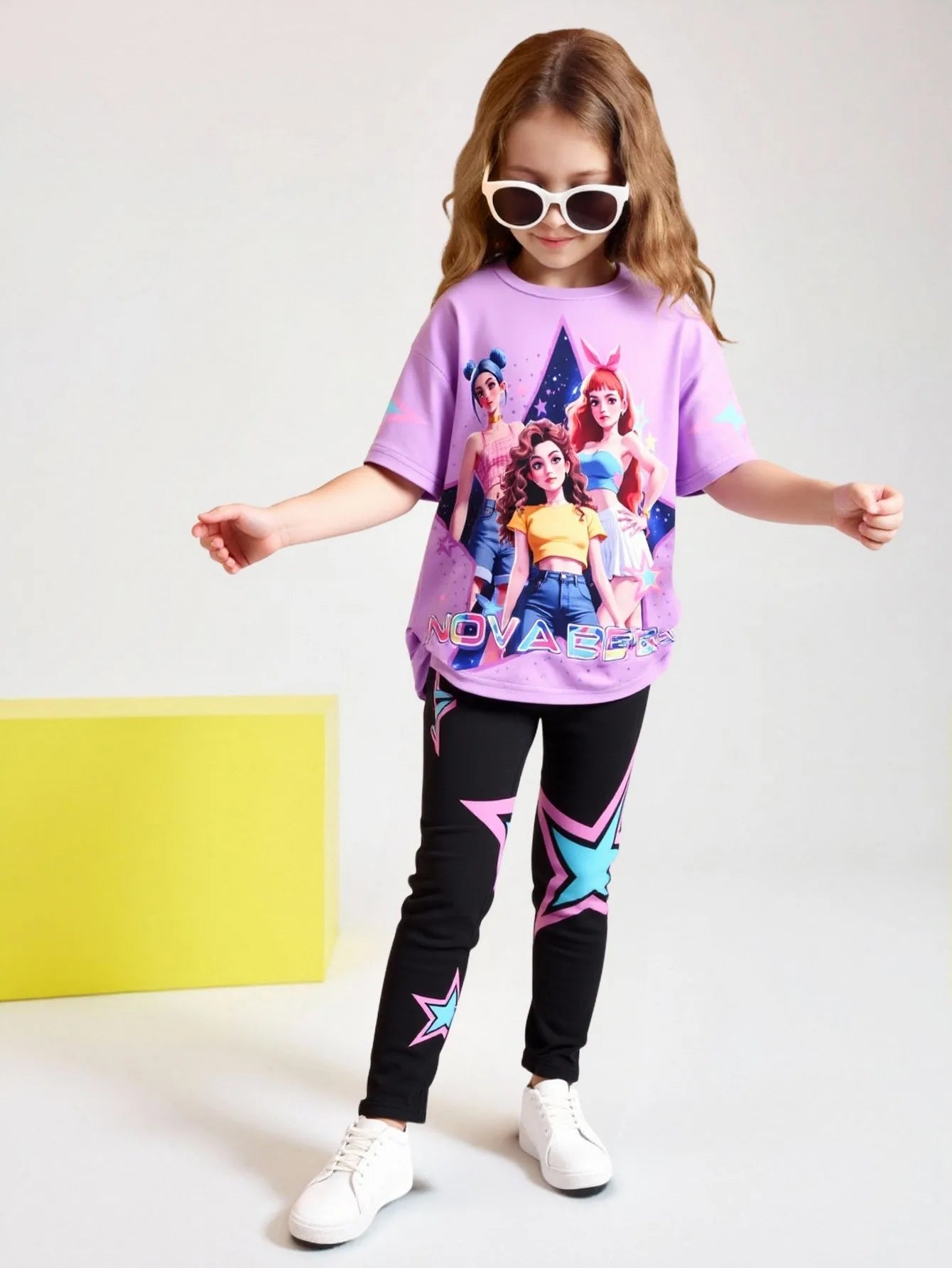 Frühling/Sommer Mädchen Mode Zweiteiliges Set, K-Pop Cartoon Anime 3D Druck Rundhalsausschnitt T-Shirt Enganliegende Hose Set