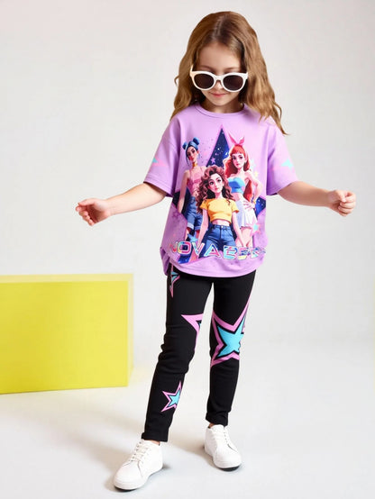 Frühling/Sommer Mädchen Mode Zweiteiliges Set, K-Pop Cartoon Anime 3D Druck Rundhalsausschnitt T-Shirt Enganliegende Hose Set