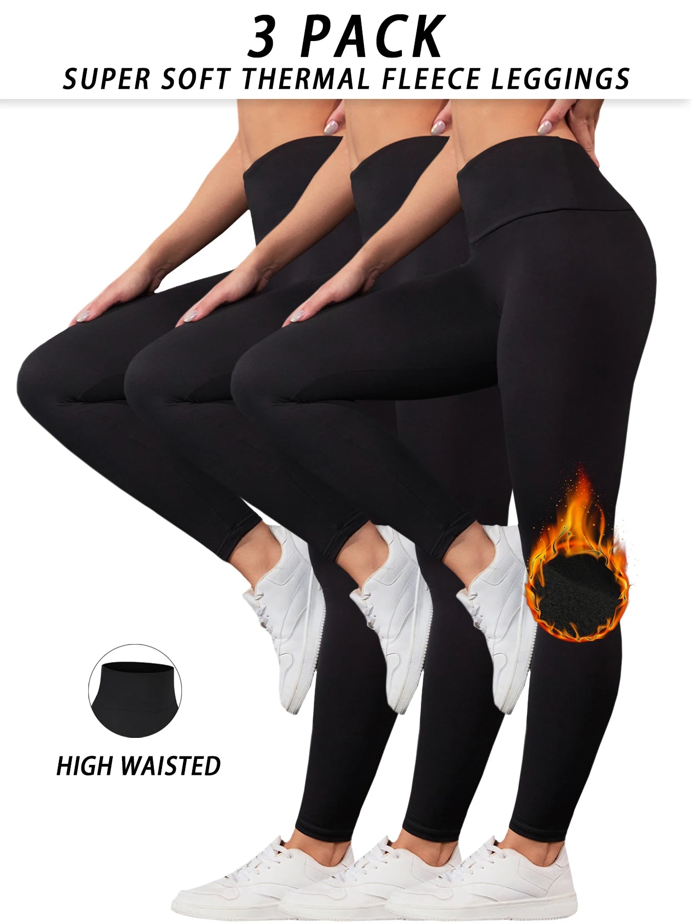 3er-Pack Damen Thermo-Leggings mit Fleece-Futter und hoher Taille. Trainings-Winterwärmende dicke Strumpfhosen, weiche Yogahosen