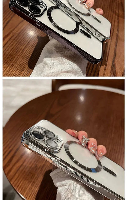 Verchromtes weiches TPU-Case mit vollständigem Linsenschutz für iPhone 13 14 12 11 15 Pro Max Plus Magsafe magnetische Handyhülle kabelloses Ladecover