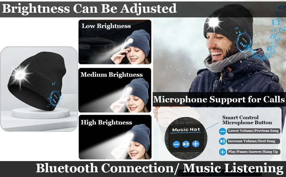 3-in-1 Bluetooth-Mütze, Bluetooth-Mütze mit Licht, Unisex 6 LED USB wiederaufladbar mit kabellosen Kopfhörern