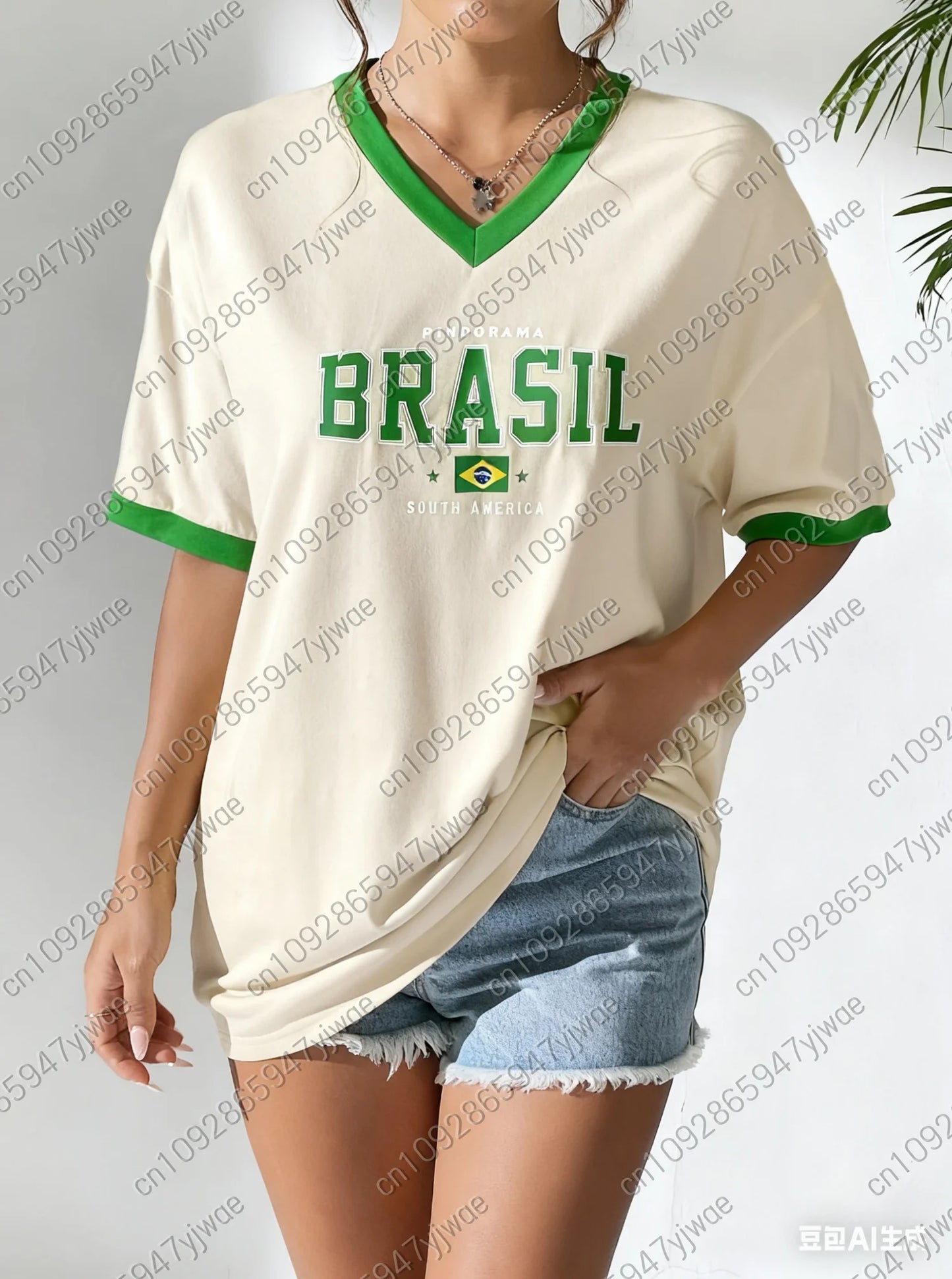 Sommer Damen V-Ausschnitt T-Shirt Brasilien Druck Leicht Atmungsaktiv Kurzarm Baseball T-Shirt Damen Trikot T-Shirt