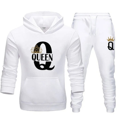 2026 Neue Frühling - und Herbst-Damen- und Herrenpullover-Set KING QUEEN Lockeres Entspanntes Kapuzenpullover-Set für Paare mit Aufdruck