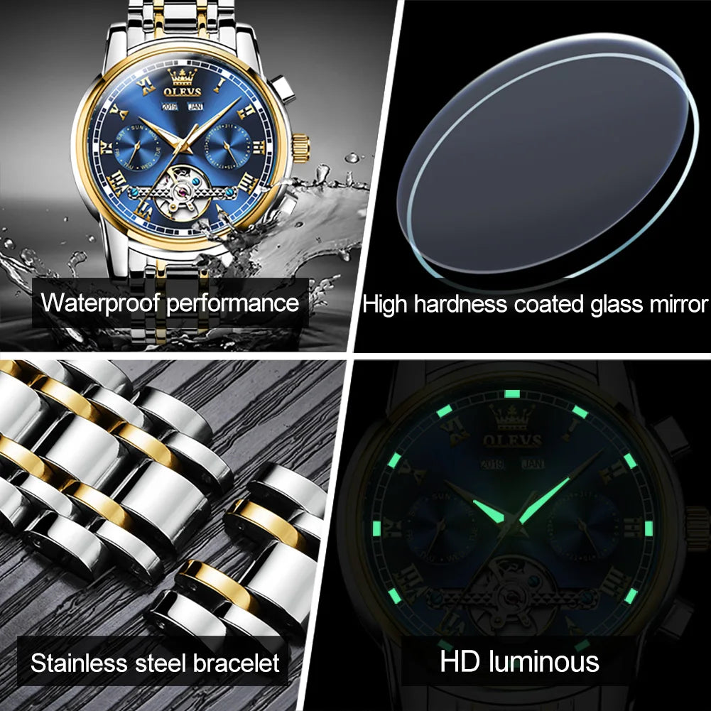OLEVS Herren Uhren Automatische Mechanische Business Armbanduhr Wasserdicht Edelstahlarmband Uhr für Männer Skelett Kalender