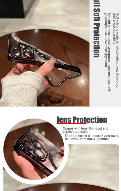 Verchromtes weiches TPU-Case mit vollständigem Linsenschutz für iPhone 13 14 12 11 15 Pro Max Plus Magsafe magnetische Handyhülle kabelloses Ladecover