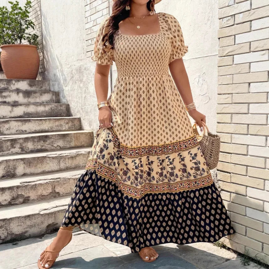 Großgröße Bohemian-Print Kurzarmkleid Große Größe Polyesterfaser Bedrucktes Muster Damenbekleidung Kurze Kleider