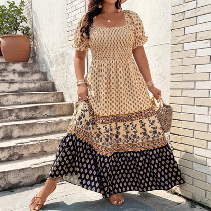 Großgröße Bohemian-Print Kurzarmkleid Große Größe Polyesterfaser Bedrucktes Muster Damenbekleidung Kurze Kleider