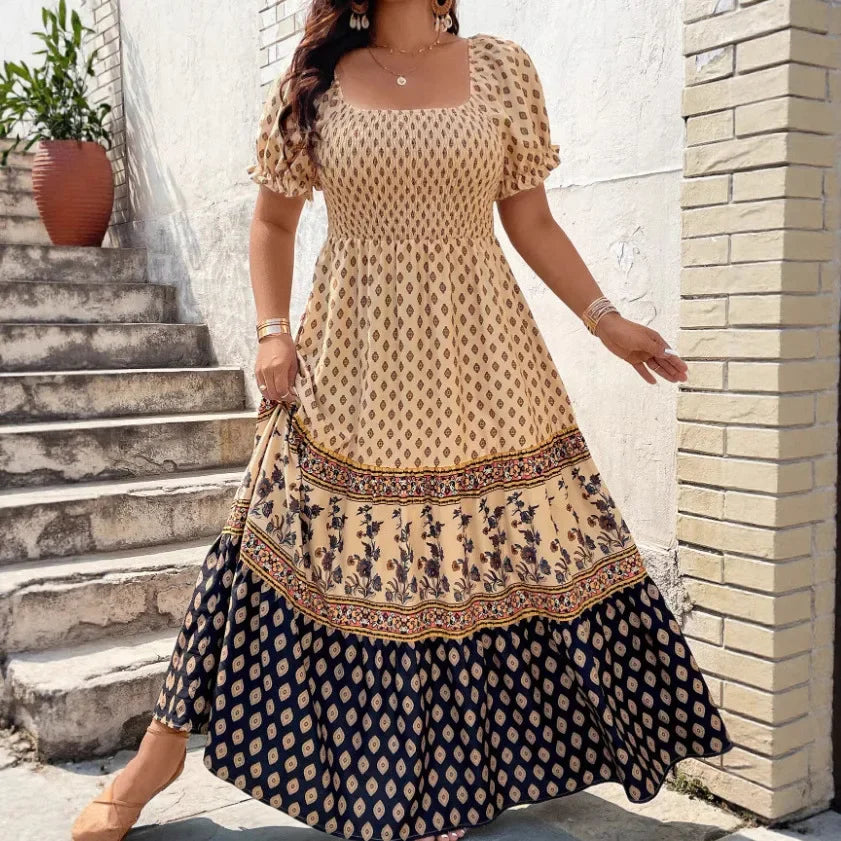 Großgröße Bohemian-Print Kurzarmkleid Große Größe Polyesterfaser Bedrucktes Muster Damenbekleidung Kurze Kleider