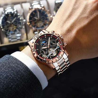 POEDAGAR Luxus Automatische Mechanische Herren Uhr Hohler Tourbillon Wasserdicht Leuchtend Männliche Uhr Woche Datum Geschäftsmänner Uhren