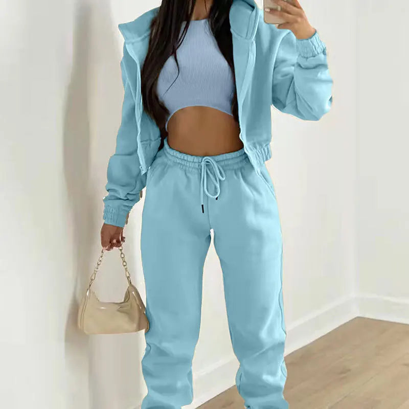 Damen 3-teilige Sets Anzug Lässig Langarm Hoodie Tanktop Jogginghose Sportliches Dreiteiliges Outfit