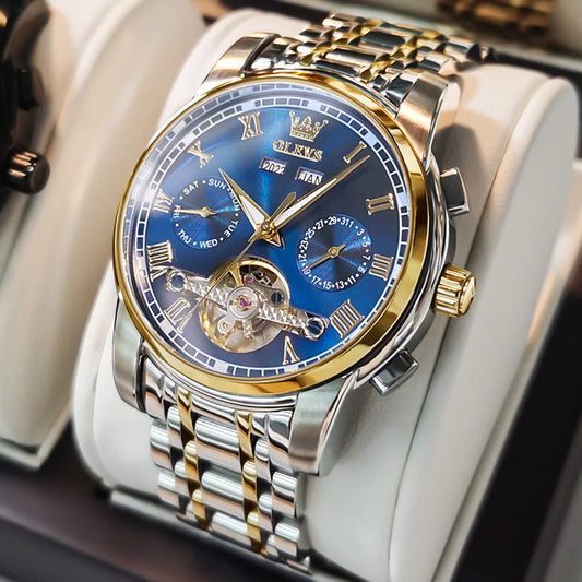 OLEVS Herren Uhren Automatische Mechanische Business Armbanduhr Wasserdicht Edelstahlarmband Uhr für Männer Skelett Kalender