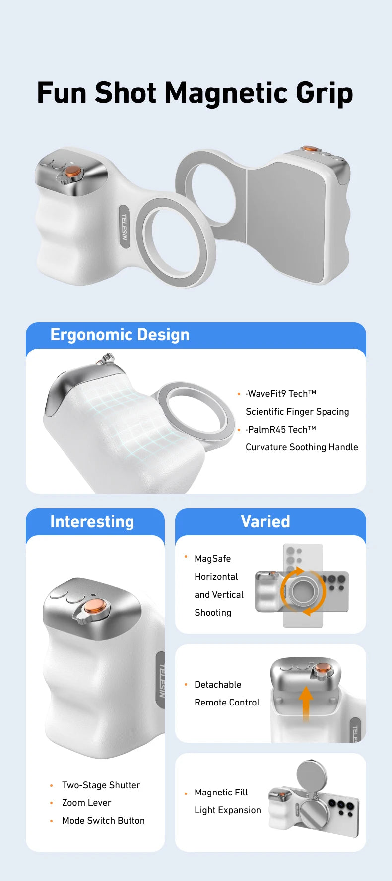 TELESIN Telefon Kamera Aufnahme Handgriff Magnetischer Smartphone-Halter Aufnahmehilfe Fernbedienung Griff für iPhone Android Handy