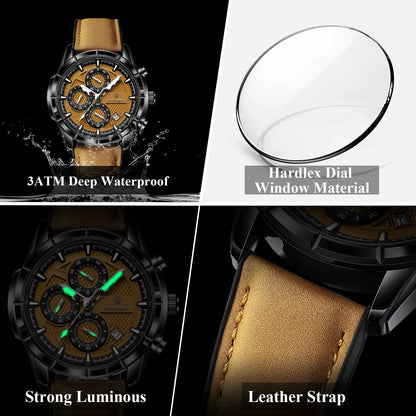 POEDAGAR Luxus Herrenarmbanduhr Quarz Original Leder Herren Uhren Datum Chronograph Wasserdicht Leuchtende Herrenuhr Männlich+Box