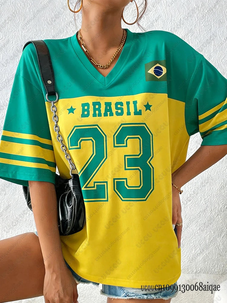 Sommer Neues Brasilien T-Shirt für Frauen Patchwork V-Ausschnitt Kurzarm T-Shirts  Übergröße Y2K Street Tops