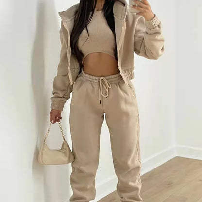 Damen 3-teilige Sets Anzug Lässig Langarm Hoodie Tanktop Jogginghose Sportliches Dreiteiliges Outfit