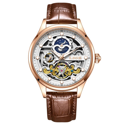 Neue LIGE Skelett Mechanische Automatik-Uhr Herren Tourbillon Sportuhr Freizeit Business Mond Armbanduhr Relojes Hombre