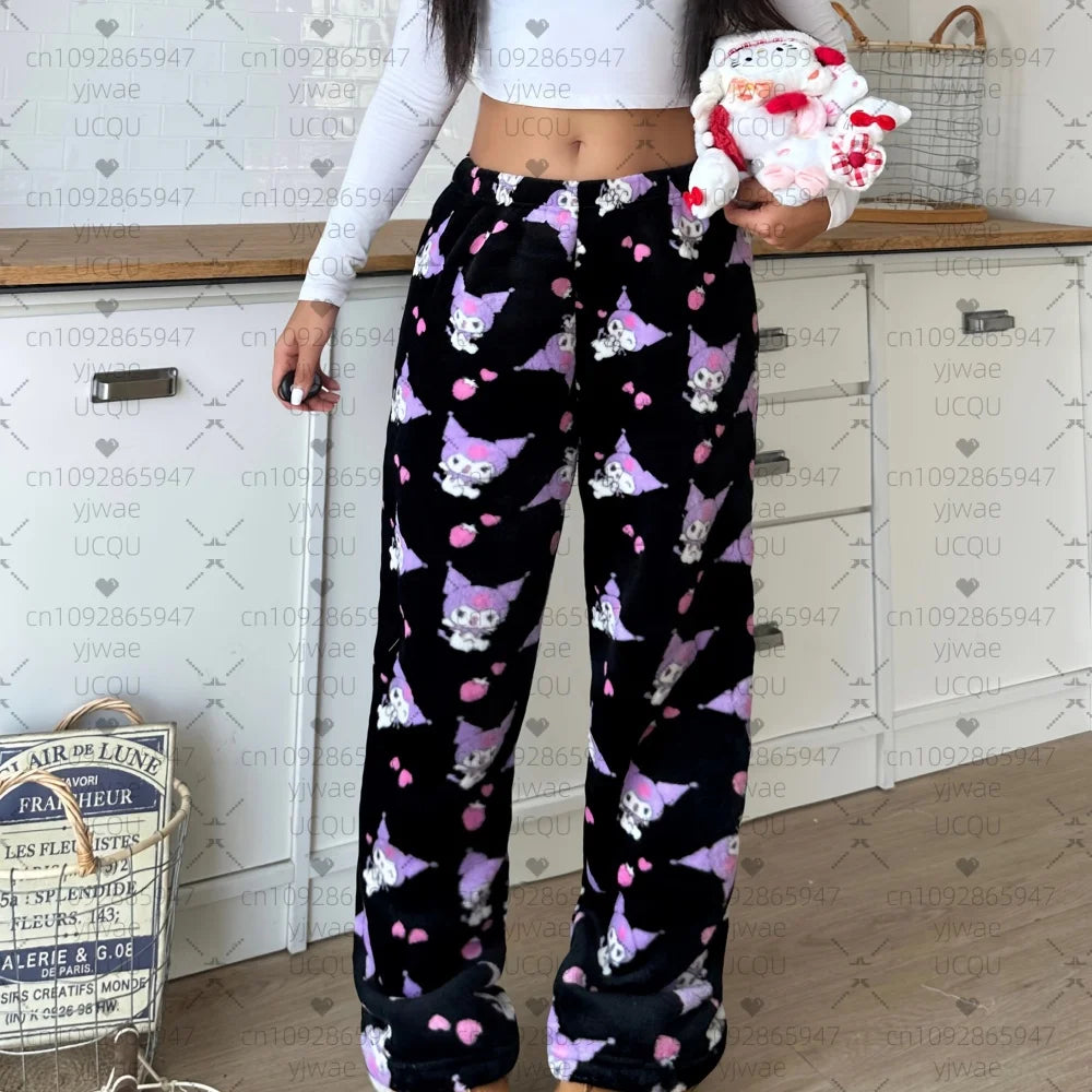 2025 Winter Frauen Halloween Kawaii Kuromi Plüsch Pyjamahosen Weiche Hosen Süße Frauen Lässige Zuhause Anime Cartoon Pyjamahosen