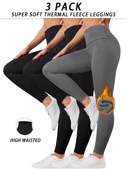 3er-Pack Damen Thermo-Leggings mit Fleece-Futter und hoher Taille. Trainings-Winterwärmende dicke Strumpfhosen, weiche Yogahosen