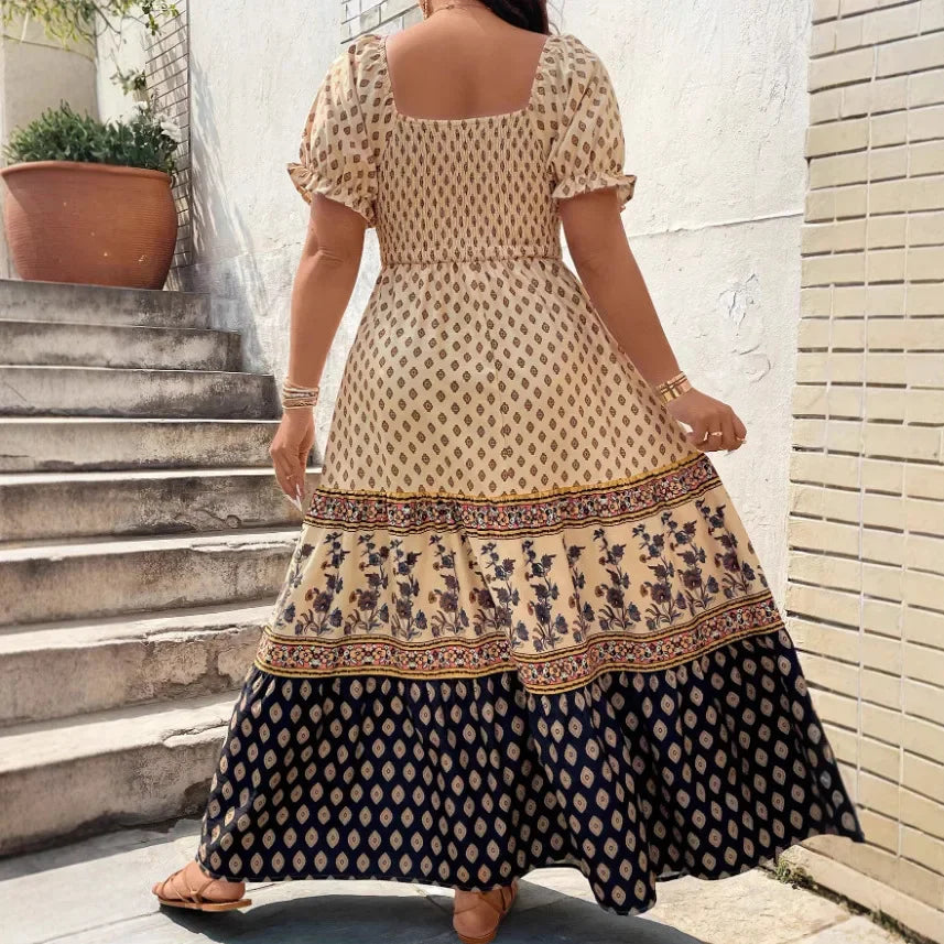Großgröße Bohemian-Print Kurzarmkleid Große Größe Polyesterfaser Bedrucktes Muster Damenbekleidung Kurze Kleider