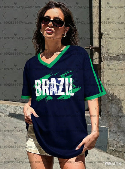 2026 Sommer Frauen Brasilien Team V-Ausschnitt Kurzarm T-Shirt Tee Tägliche Oberteile Damen T-Shirts Damenbekleidung