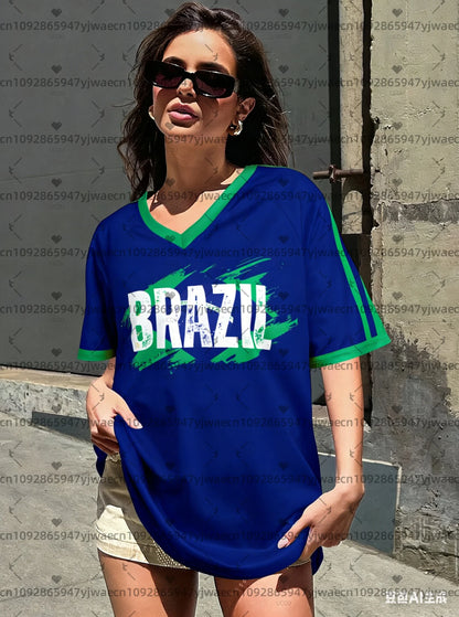 2026 Sommer Frauen Brasilien Team V-Ausschnitt Kurzarm T-Shirt Tee Tägliche Oberteile Damen T-Shirts Damenbekleidung