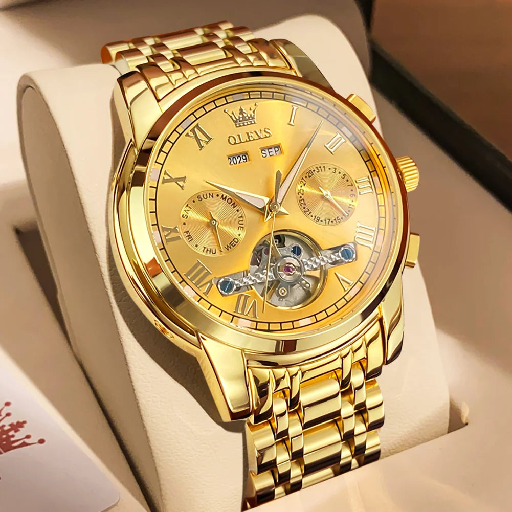 OLEVS Herren Uhren Automatische Mechanische Business Armbanduhr Wasserdicht Edelstahlarmband Uhr für Männer Skelett Kalender